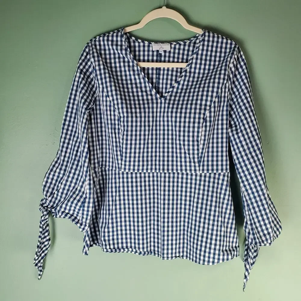 J. Crew Universal Standard Womens Gingham Tie Sleeve Peplum Top Size Medium
